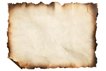 A sheet of old rough recycled paper with splashes and ragged edges on a white background with a shadow. Copyspace for treasure map design.