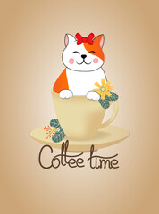 Vector card with red funny cat, sitting in the cup. Lettering - Coffee time.