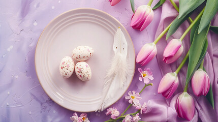 Beautiful table setting with Easter eggs feathers and
