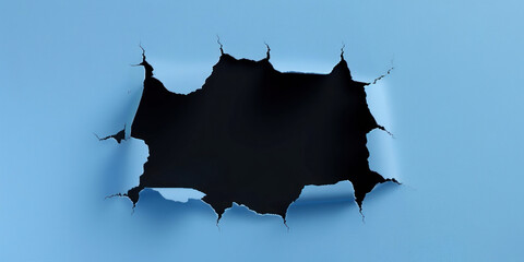Blue paper with black ripped hole in the middle, flat 2D illustration, background	