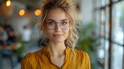 Obraz premium Elegant Woman in Casual Business Attire in Serene Office Setting