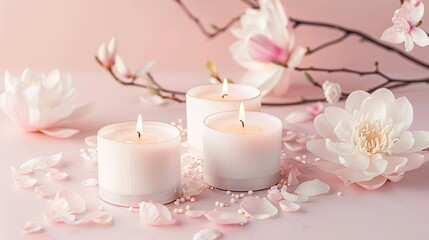 Fototapeta na wymiar Three candles with little lotus flowers on a pink background. copy space for text.