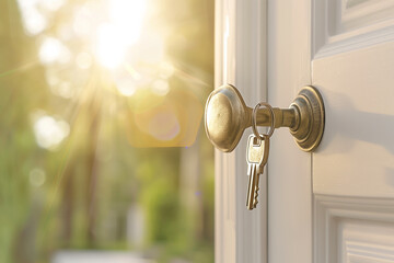 Open door with keys , new home concept metaphorical journey of stepping into a new home.