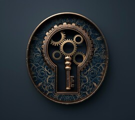 Abstract keyhole with gears inside on dark background