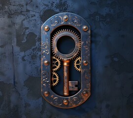 Abstract keyhole with gears inside on dark background