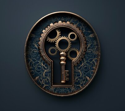 Abstract keyhole with gears inside on dark background