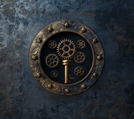Abstract keyhole with gears inside on dark background