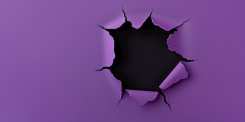 Purple paper with black round ripped hole, flat 2D illustration, background
