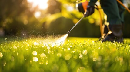 Worker spraying pesticide on a green lawn outdoors for pest control: A close-up view. Concept Pesticide Application, Pest Control, Green Lawn, Close-up Shot. copy space for text.