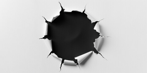 White paper with black round ripped hole, flat 2D illustration, background