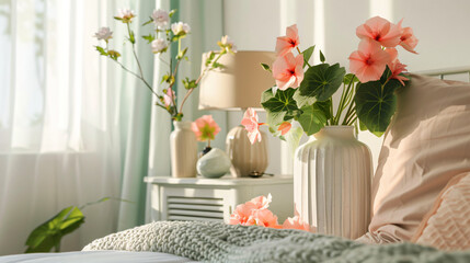 Begonia flowers and stylish decor on bedside table in