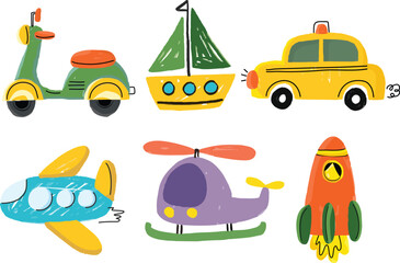 Obraz premium Fun Transportation Toys Chalk Crayon style set Illustration Vector