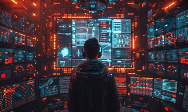technology, computer, cyber, hacker, futuristic, network, code, coding, security, artificial intelligence. programmer stand middle coding HUD. to find something for fix bug or error via hacker, virus.