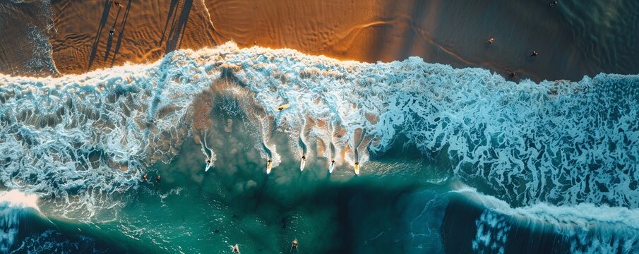Aerial view of surfers riding waves at Ditch Plains Beach, Montauk, New York, United States.