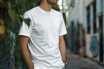 Man wearing blank t-shirt mockup with copy space for your text.