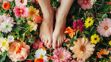 Legs and feet with flowers represent natural cosmetics and beauty treatments. Laser hair removal and waxing are used for vegan skincare. Pedicures are also part of a natural approach to personal care.