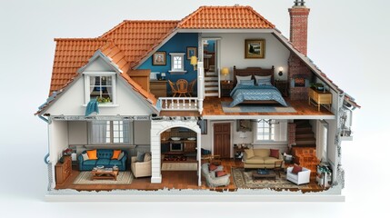 Detailed cross section dollhouse view showcasing interior rooms of a residential house