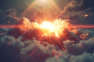 An dramatic image of an intense explosion amidst dense clouds, highlighted by sunlight breaking through the clouds, suggesting concepts of power, energy, and transformation. - obrazy, fototapety, plakaty
