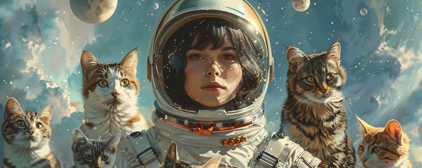 Female space traveler surrounded by cats. Crazy cat lady