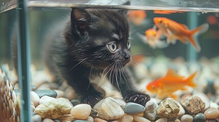 Delightful cartoon portrayal of a fluffy black kitten enjoying an aquatic adventure in a fish tank