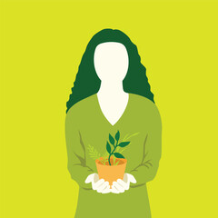Silhouette of Woman Holding Plant Eco Lifestyle Illustration