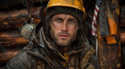Naklejka premium Group of multiracial workers, men and women, in protective hardhats with the American flag in the background. Labor Day, Patriotism, and Democracy concept.