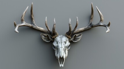 Artistic deer skull with intricate antler design on a gray background