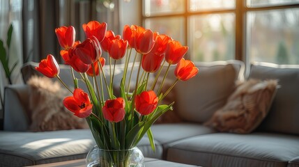 Elegant Minimalism Bouquet of Tulips on Coffee Table Near Sofa in Close-Up of Floral Seasonal Interior Decor
