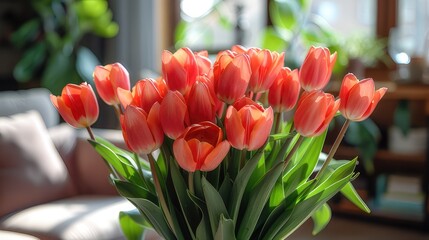 Elegant Minimalism Bouquet of Tulips on Coffee Table Near Sofa in Close-Up of Floral Seasonal Interior Decor
