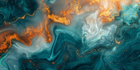 Luxurious Marbling Background. Paint Swirls in Beautiful Teal and Orange colors, with Gold Powder.