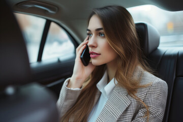 portrays a young businesswoman talking on the phone while seated in the backseat of a car. She appears engaged in the conversation, possibly discussing important matters related to her work or busines
