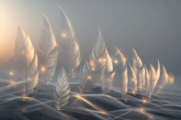 A graph of ascending, light-infused feathers, each feather lighter and higher than the last, set against a peaceful, dawn gray background. - Powered by Adobe