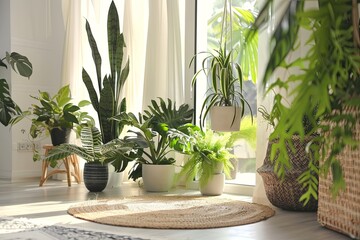 Fototapeta premium Bright, airy room filled with a diverse collection of houseplants, creating a lush indoor garden oasis