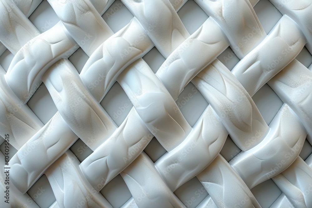 Poster closeup image of a white textured weave pattern, showcasing a complex interlacing of ribbons creatin
