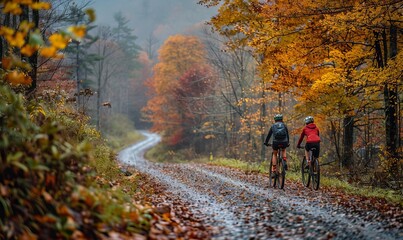 A couple gravel biking near Blue Ridge Parkway in autumn, Pisgah North Carolina