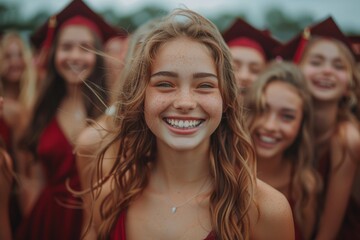Fototapeta premium Focus on a smiling young graduate girl in a crowd, her happiness and achievement shining through