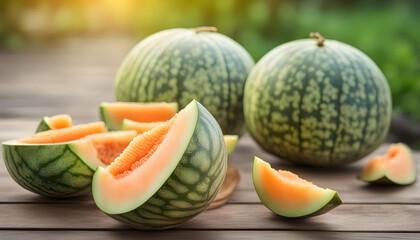 Whole and sliced of Japanese melons,honey melon or cantaloupe (Cucumis melo) on wooden table
