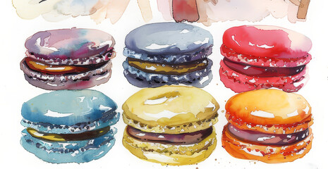 Artistic Watercolor Painting of Assorted Macarons in Vivid Colors with Detailed Textures