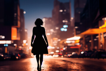 Silhouette of elegant woman in dress, walking on night city street