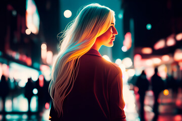 Long-haired blonde woman on the street of the night city