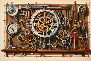 A watchmaker's workshop poster with watch repair and horologist's instruments with mechanical cogs.