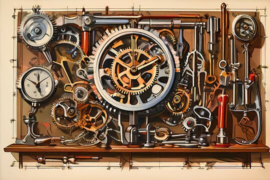 A watchmaker's workshop poster with watch repair and horologist's instruments with mechanical cogs.