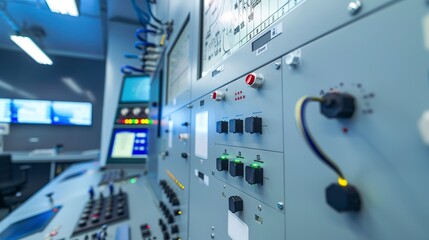 Close-up of a state-of-the-art control room in a power plant, showcasing the technological infrastructure behind energy management.