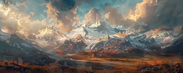Idyllic view of snowcapped mountains against dramatic sky - Powered by Adobe