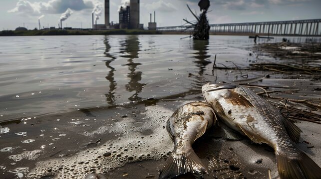 Detailed view of dead fish washed ashore near a thermal power plant, highlighting the ecological consequences of water pollution. 