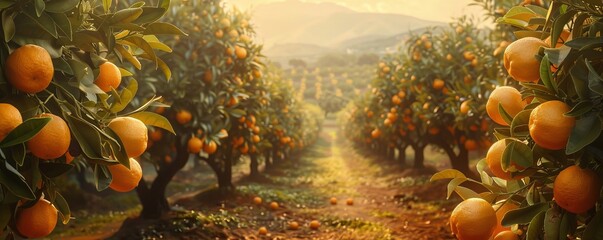 A citrus grove, with rows of orange and lemon trees stretching into the distance - Powered by Adobe