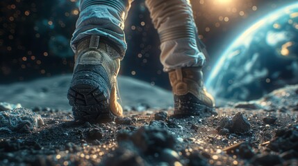 Close-up view of space conquest The concept of returning to the moon with astronauts walking on the moon and a view of the Earth in the background.