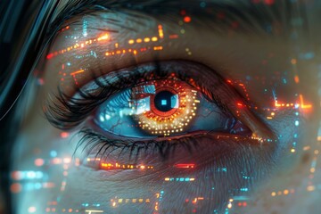 A digitally enhanced eye, showing glowing futuristic elements, symbolizing advanced technology