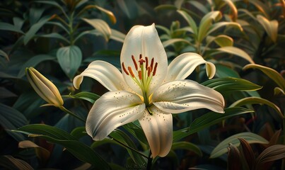 Fototapeta premium A lone white lily blooms in a bed of summer