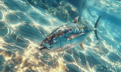 Fototapeta premium Blue fin tuna fish swimming in clear ocean water.